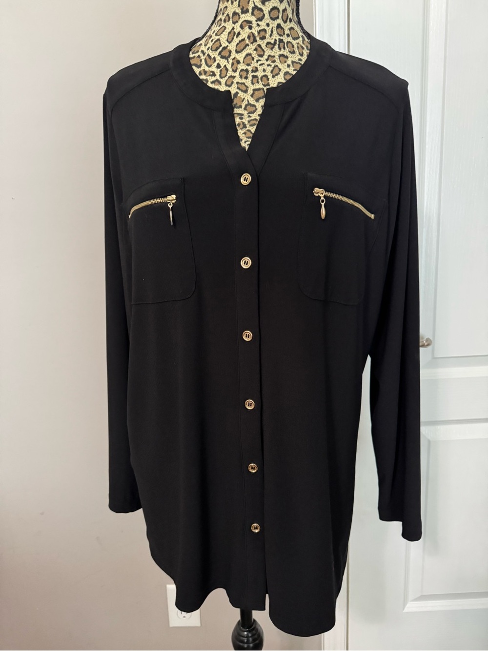 Susan Graver Black Button-Front Blouse with Gold Zipper Accents